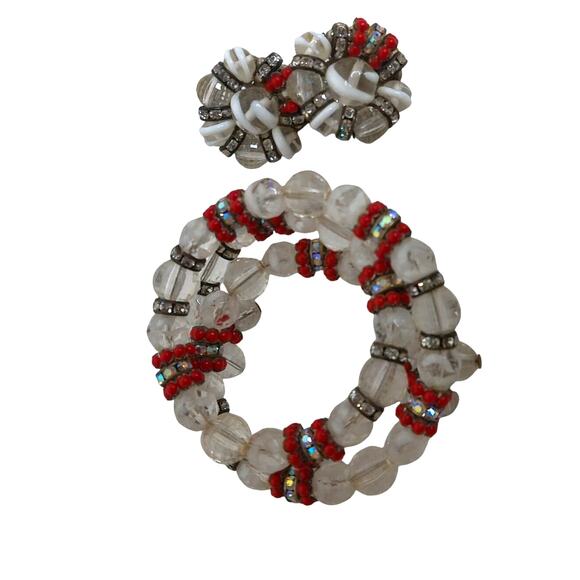 Hobe Rondelle Frosted Glass Beads Rhinestone Clip Earrings and Bracelet Set - Picture 1 of 8